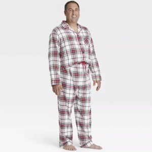 NWT Mens Holiday White Plaid Christmas Family PJ Pajama Set Tartan Flannel XL